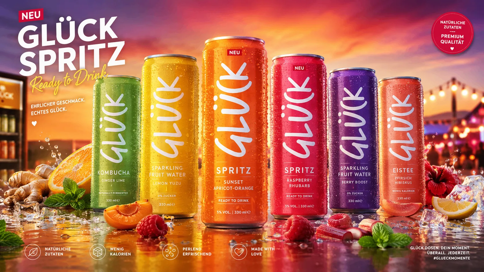 GLÜCK SPRITZ Dosenkollektion bei Sonnenuntergang