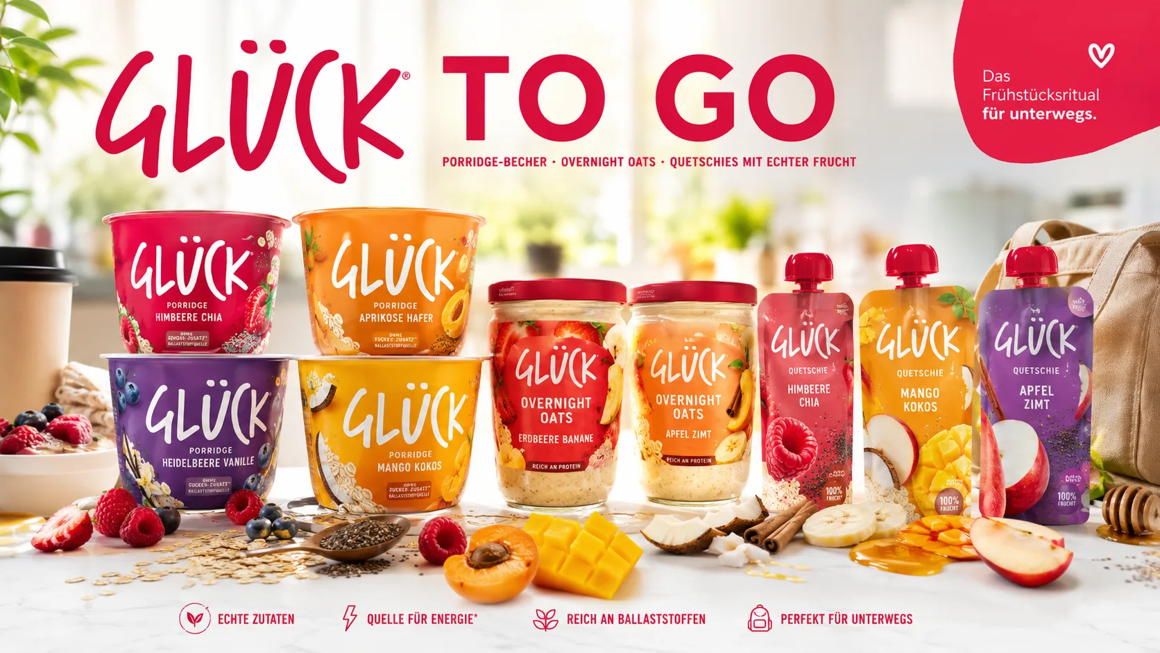 GLÜCK TO GO mit Porridge-Bechern, Overnight Oats und Quetschies