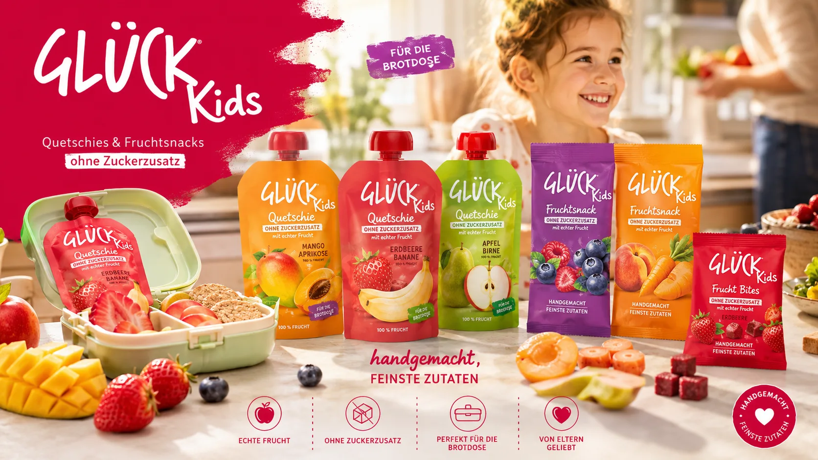 GLÜCK KIDS Quetschies und Fruchtsnacks ohne Zuckerzusatz