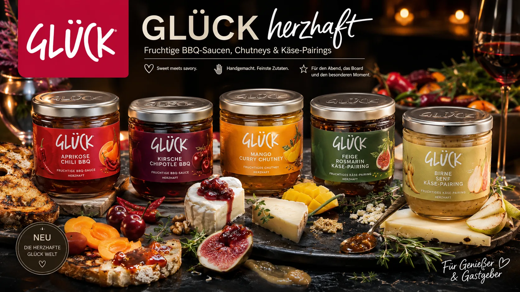 GLÜCK herzhaft mit BBQ-Saucen, Chutneys und Käse-Pairings